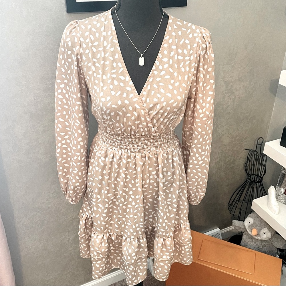Tan & White Print Dress